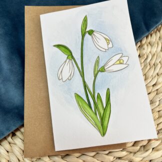 Ръчно рисувана картичка с кокичета, акварелна илюстрация